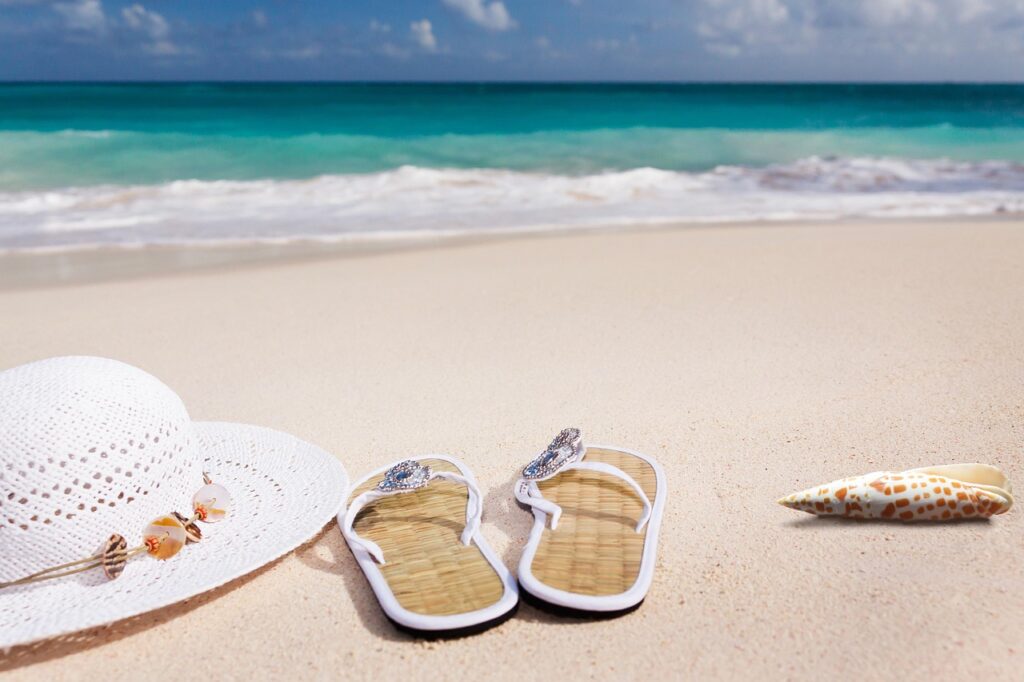 beach, sand, sea, sandy beach, vacations, nature, caribbean, coast, summer, coneflower, flip-flop, shell-3369140.jpg