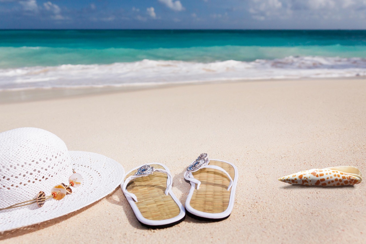 beach, sand, sea, sandy beach, vacations, nature, caribbean, coast, summer, coneflower, flip-flop, shell-3369140.jpg